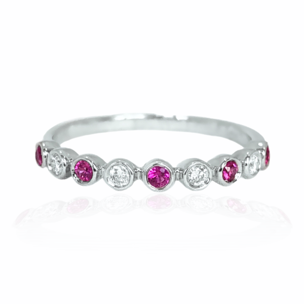 25046 14kt white gold ruby .17 ctw & dia .08 ctw bezel set band