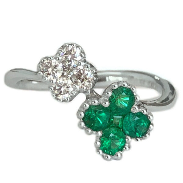 clover style emerald .44 carats and diamonds bypass ring