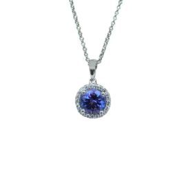 round tanzanite 1.35 carat diamond halo pendant