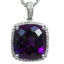 cushion shape amethyst & diamond halo pendant