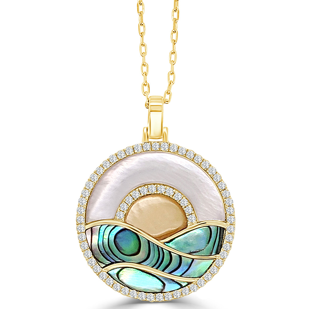 Medium Mother of Pearl All Diamond Sun Pendant 14K Yellow / 17 / Black Rainbow Mother of Pearl