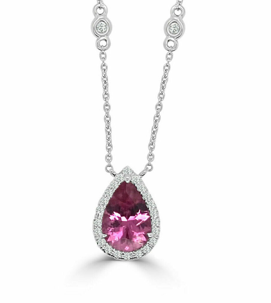 18kt Teardrop Pink Tourmaline & Diamond Halo Necklace