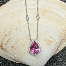 pink tourmaline & diamond halo necklace