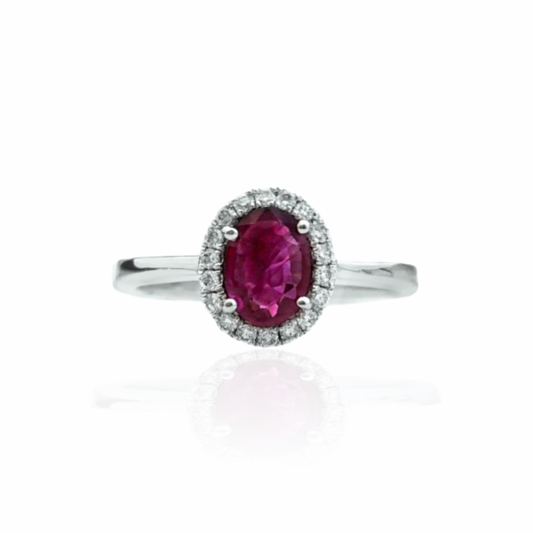 21228 14kt white gold oval ruby .72ct & dia .14ctw ring