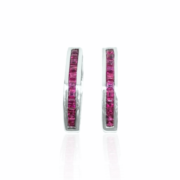 23089 14kt white gold princess cut ruby .68ctw channel set hoop earrings