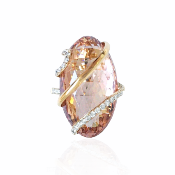 22091 14kt rose gold oval morganite 22.28ct & diamond .31ctw checkerboard cut ring