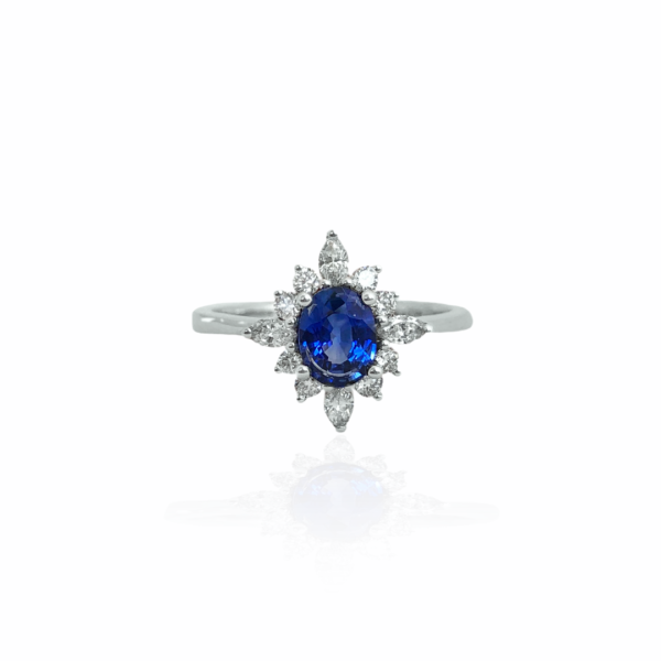 oval sapphire, marquise & round diamond ring