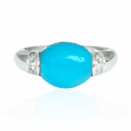 24560 front 14kt white gold cabachon turquoise 3.01ct & diamond .17ctw ring