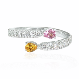 26213 14kt white gold pear shape pink sapphire .18ct & spessartite garnet & diamond .45ctw bypass ring