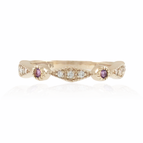 yellow gold amethyst & diamond milgrain band