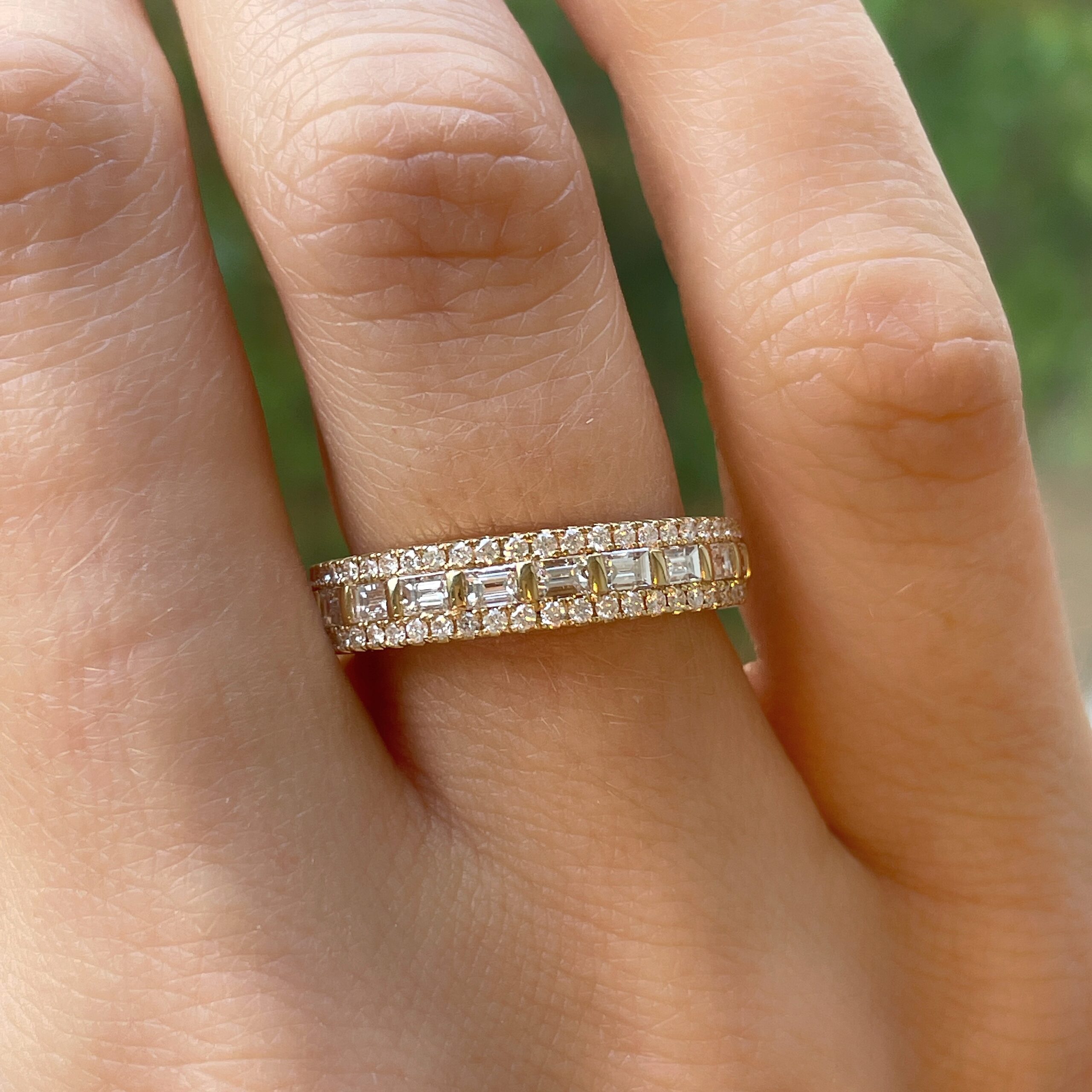 3 row round and baguette diamond band