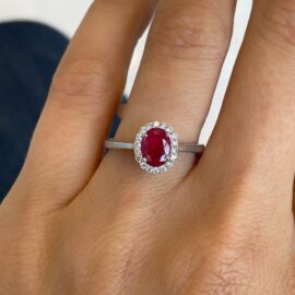 oval ruby and diamond halo ring