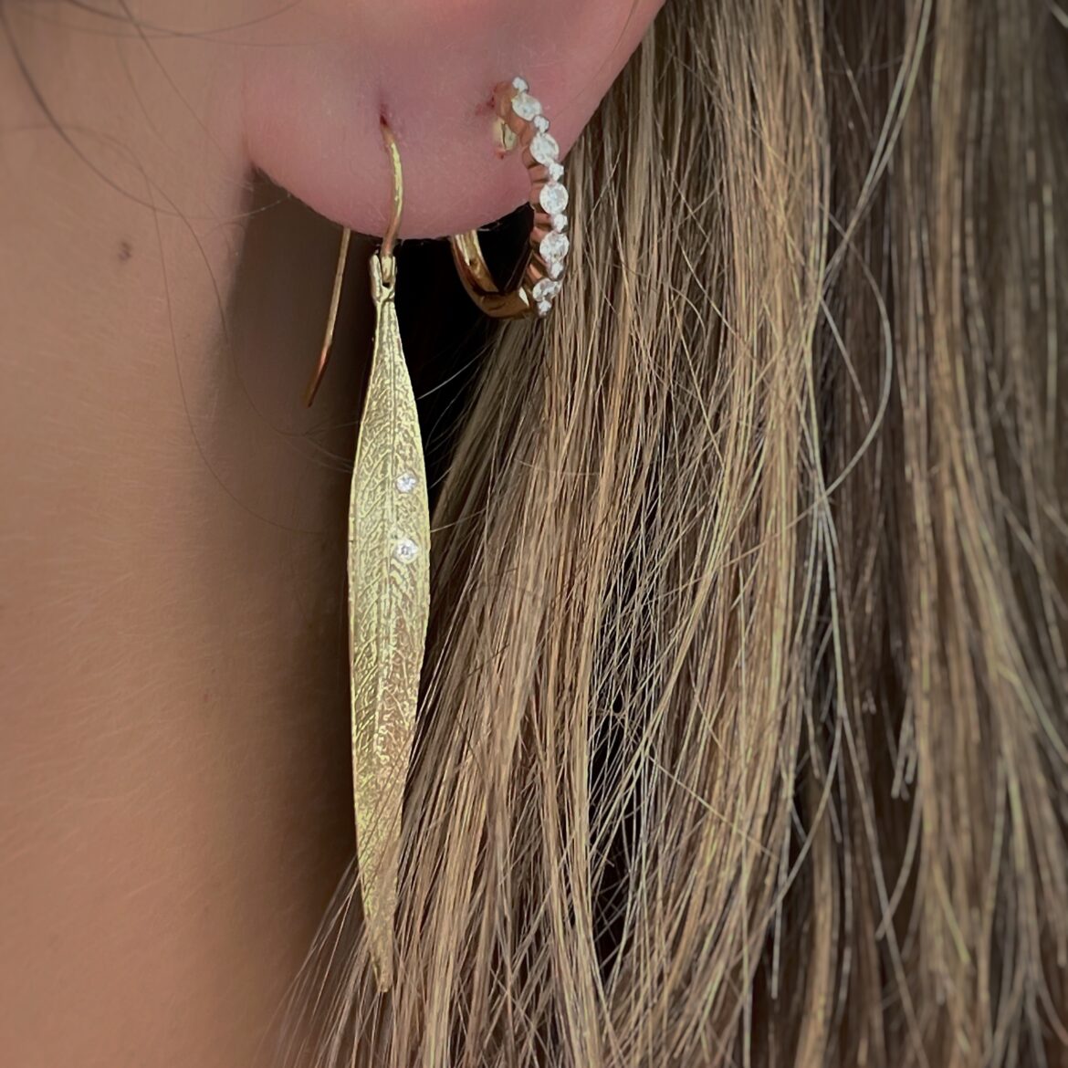 diamond leaf dangle earrings