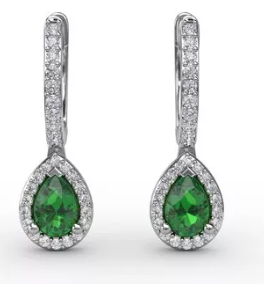 teardrop shape emerald and diamond halo dangle earrings