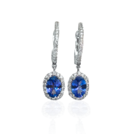 SHING ON SE20011WT OVAL SAPPHIRE AND DIAMOND HALO DANGLE EARRINGS